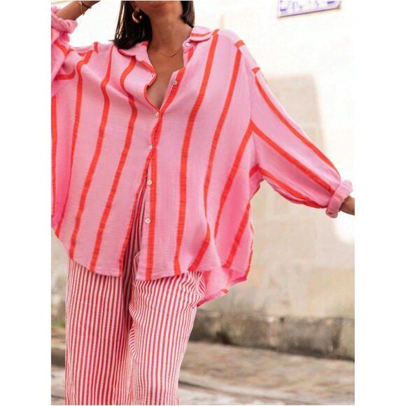 Plus Size Striped Button Down Shirt Long Sleeve Oversized Boho Renaissance - Picture 3 of 5